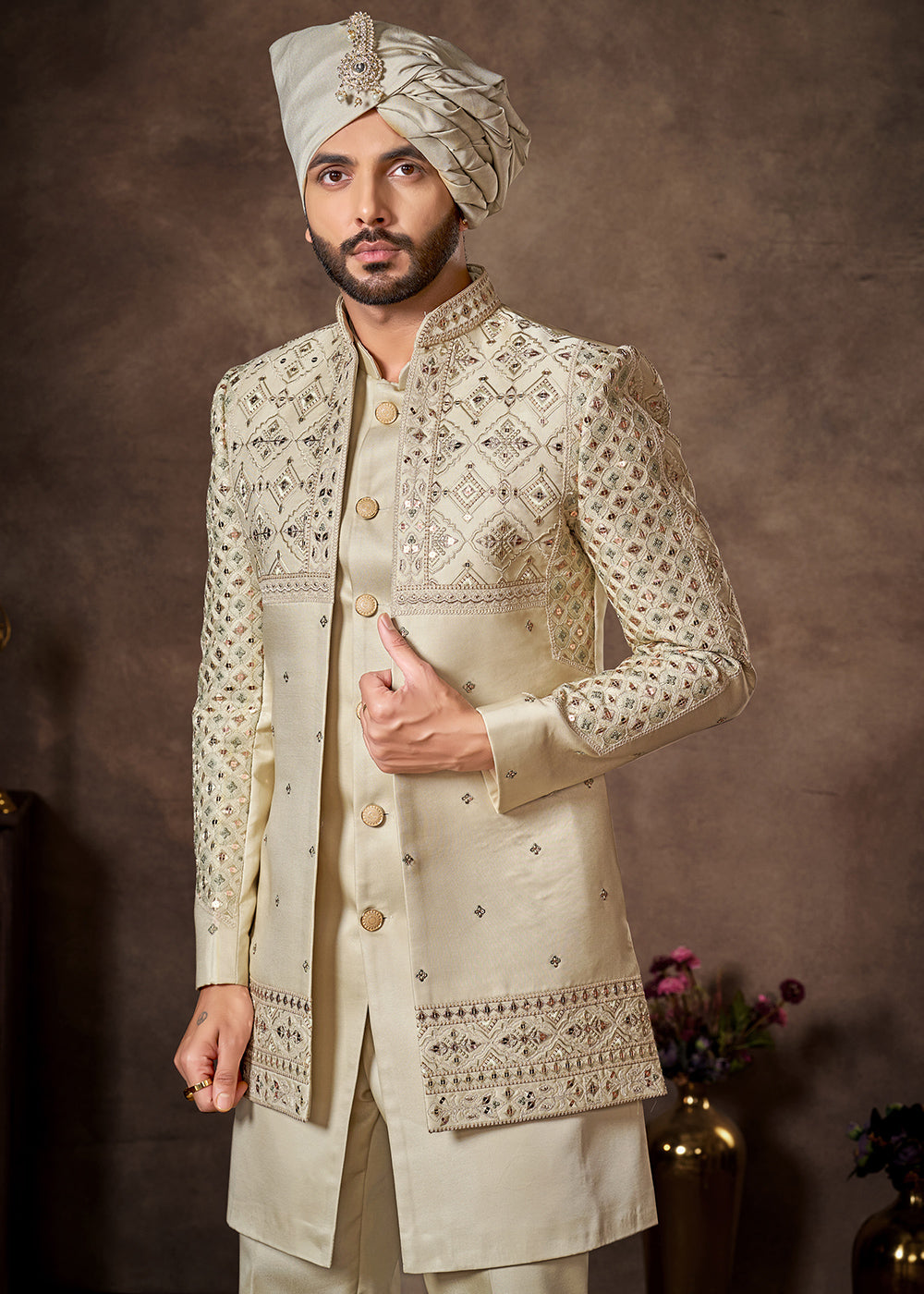 Cream Premium Silk Embroidered Indo-Western Set