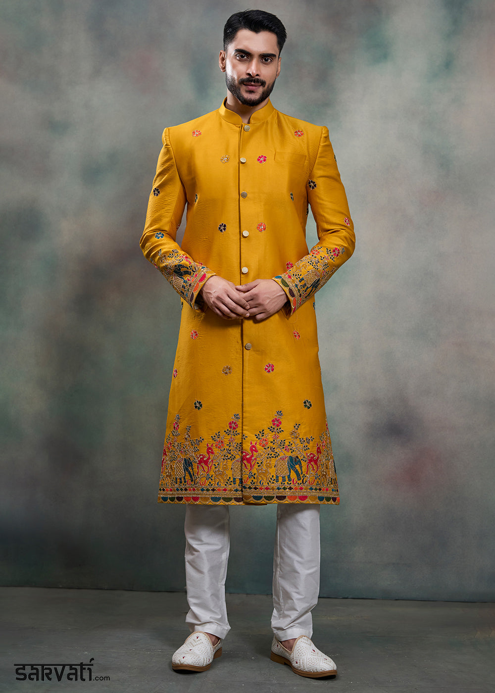 Mustard Silk Embroidered Indo-Western Suit with White Trousers