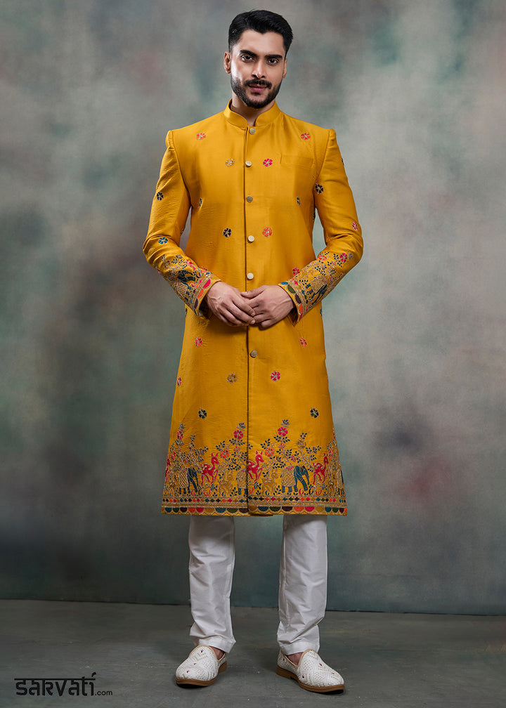 Mustard Silk Embroidered Indo-Western Suit with White Trousers