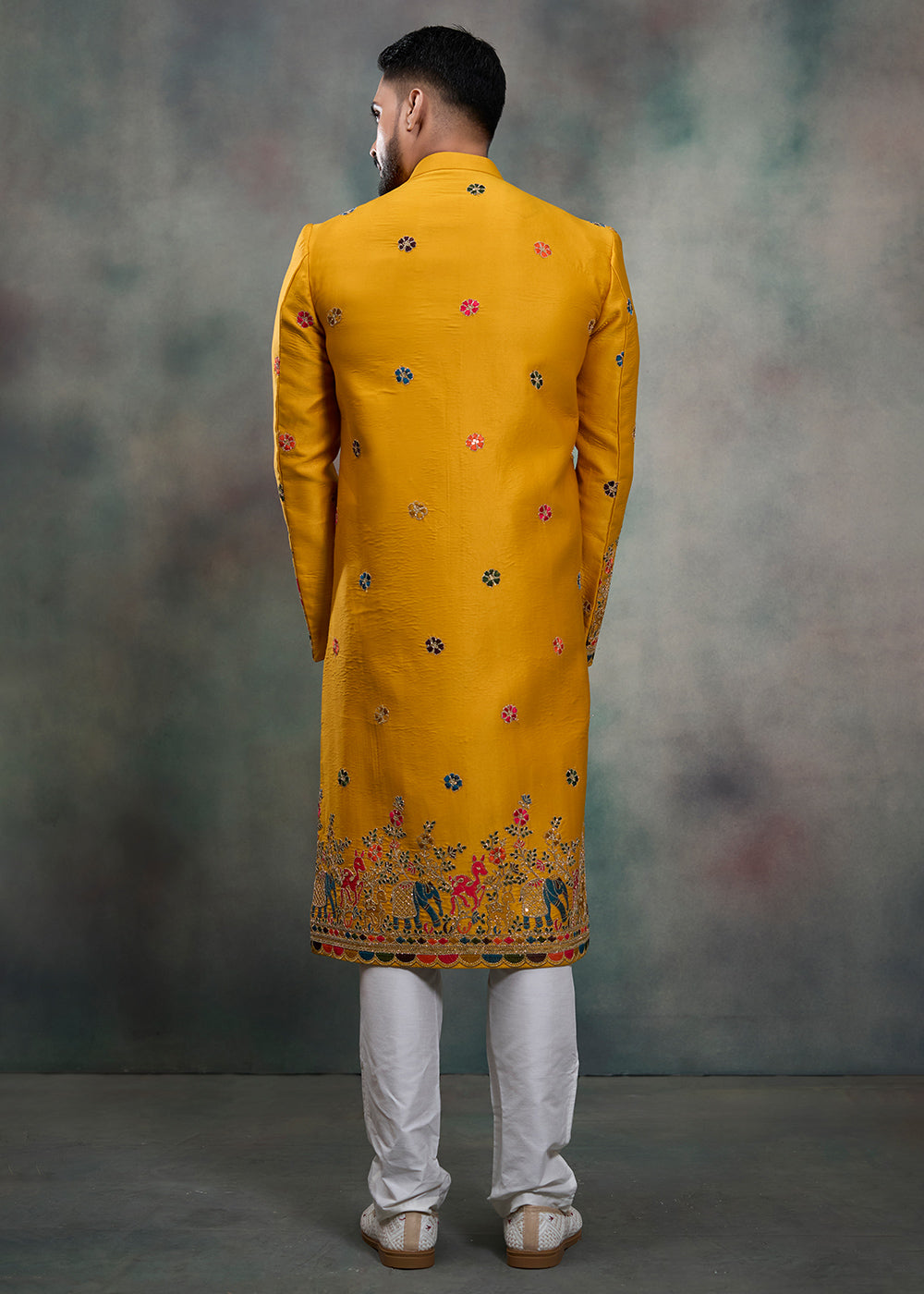 Mustard Silk Embroidered Indo-Western Suit with White Trousers