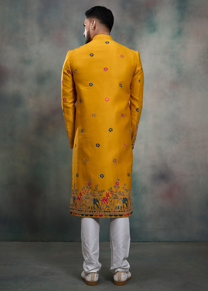 Mustard Silk Embroidered Indo-Western Suit with White Trousers