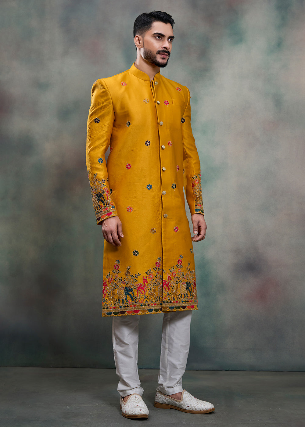 Mustard Silk Embroidered Indo-Western Suit with White Trousers