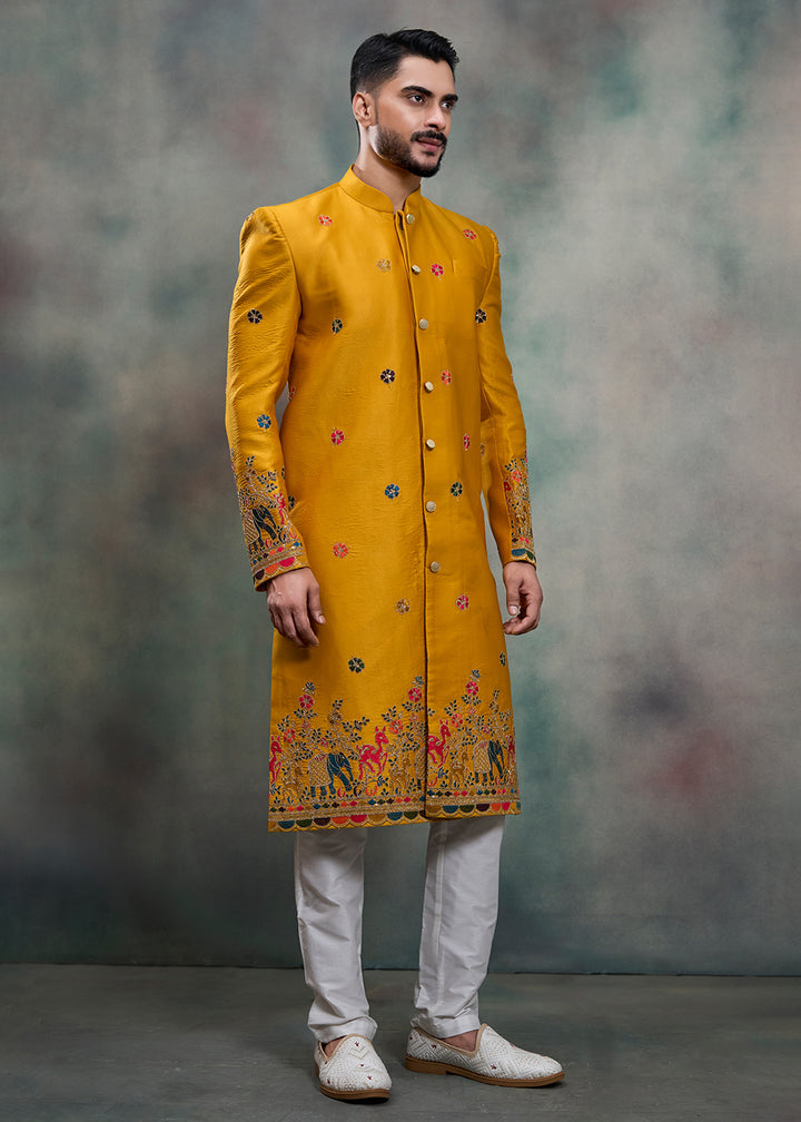 Mustard Silk Embroidered Indo-Western Suit with White Trousers