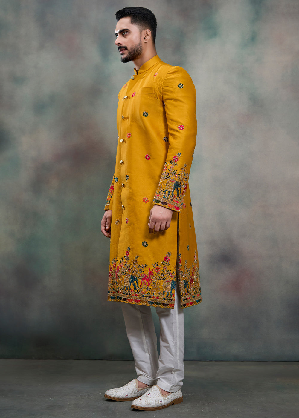 Mustard Silk Embroidered Indo-Western Suit with White Trousers