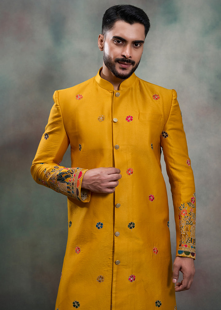 Mustard Silk Embroidered Indo-Western Suit with White Trousers