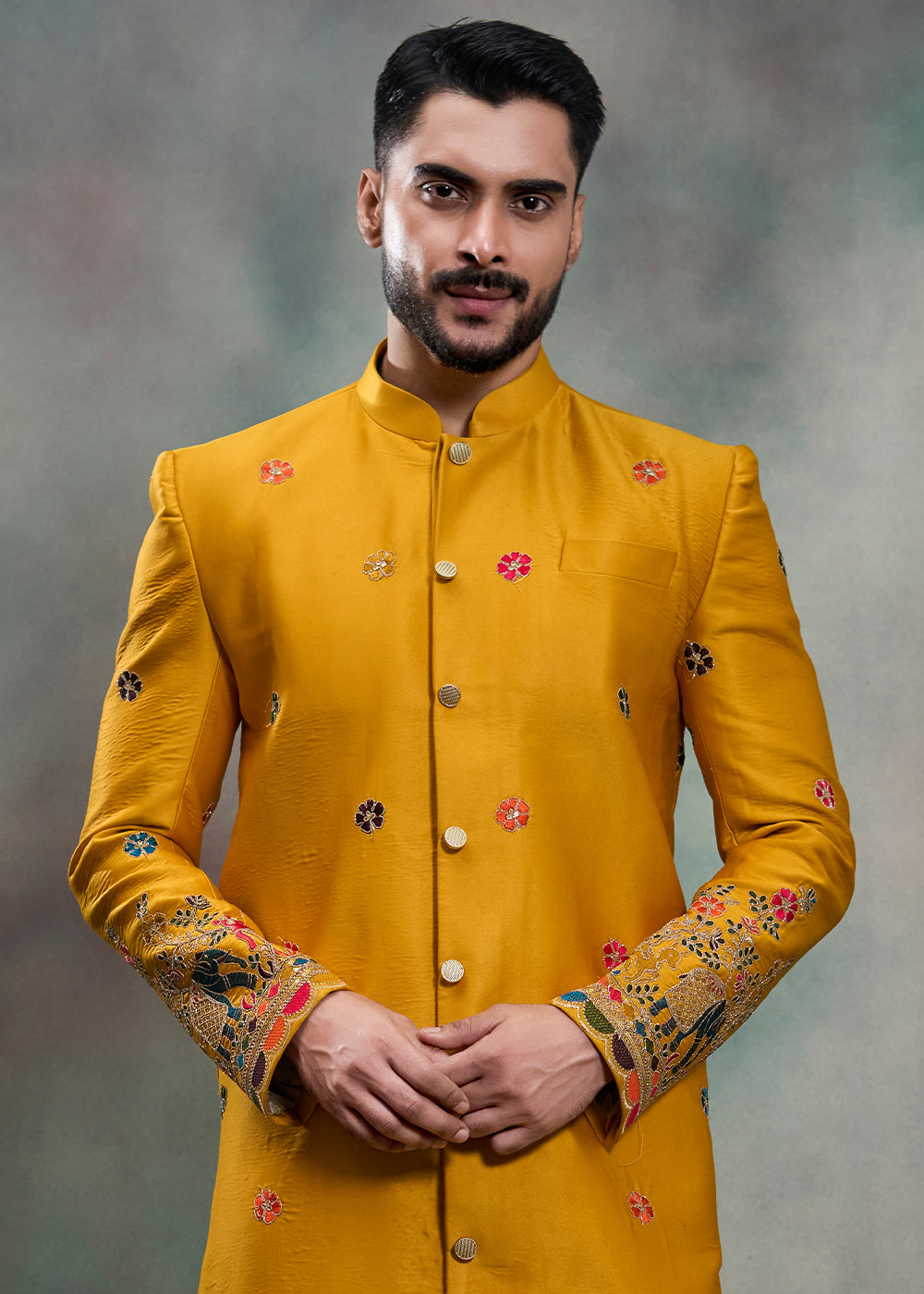 Mustard Silk Embroidered Indo-Western Suit with White Trousers