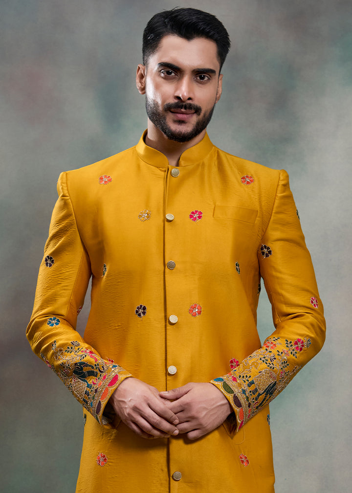 Mustard Silk Embroidered Indo-Western Suit with White Trousers