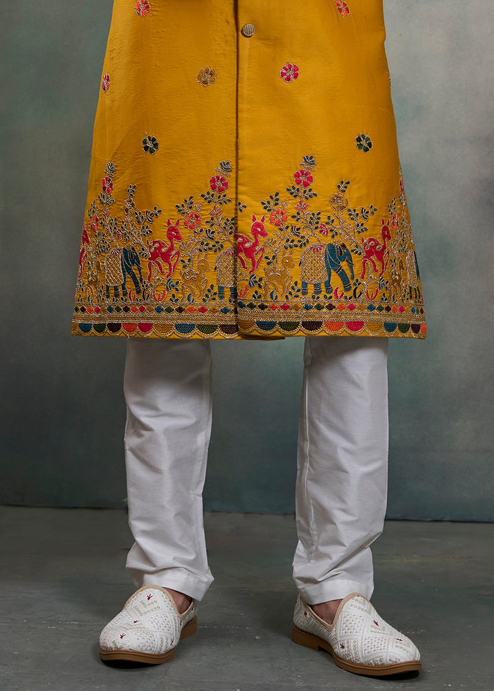 Mustard Silk Embroidered Indo-Western Suit with White Trousers