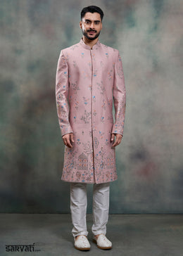 Pink Silk Floral Embroidered Indo-Western Suit with Trousers