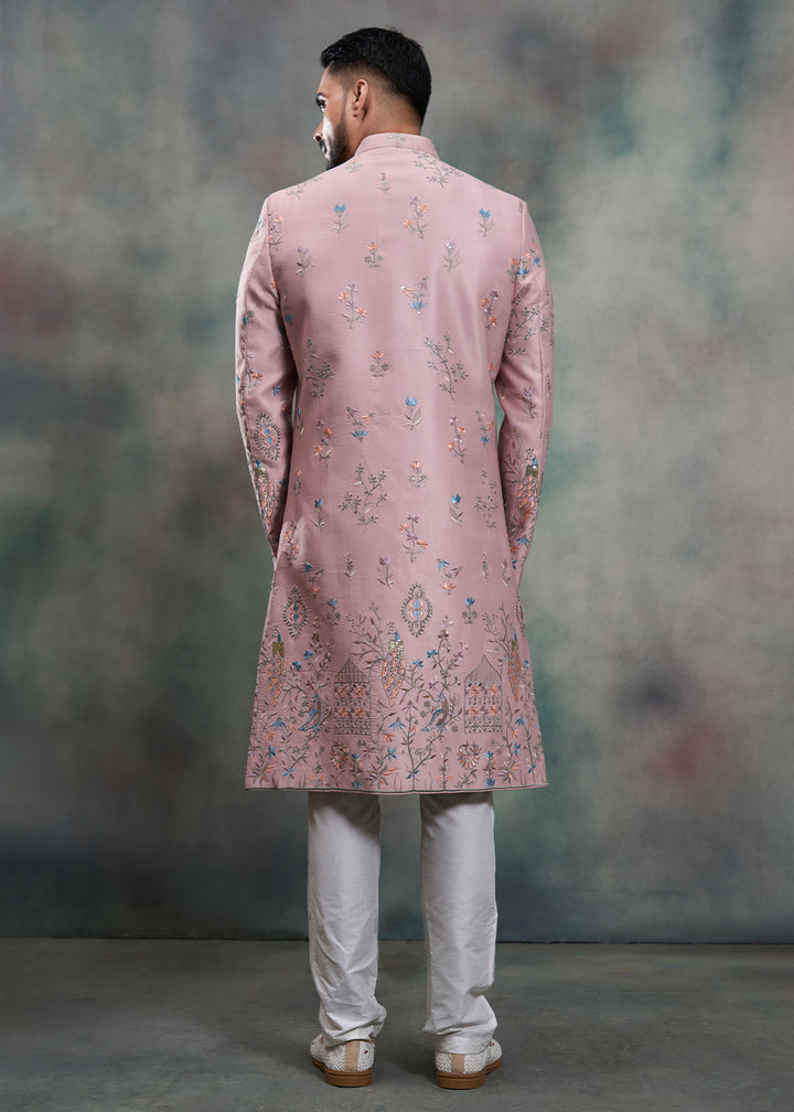 Pink Silk Floral Embroidered Indo-Western Suit with Trousers