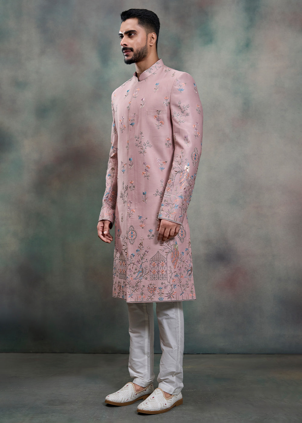 Pink Silk Floral Embroidered Indo-Western Suit with Trousers