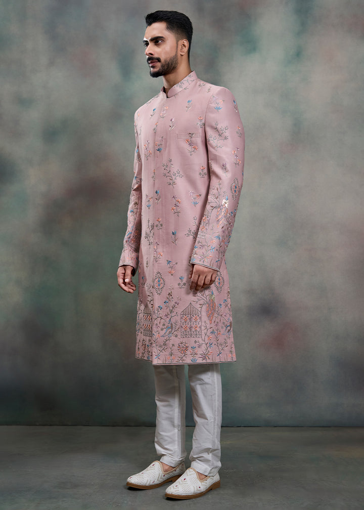 Pink Silk Floral Embroidered Indo-Western Suit with Trousers