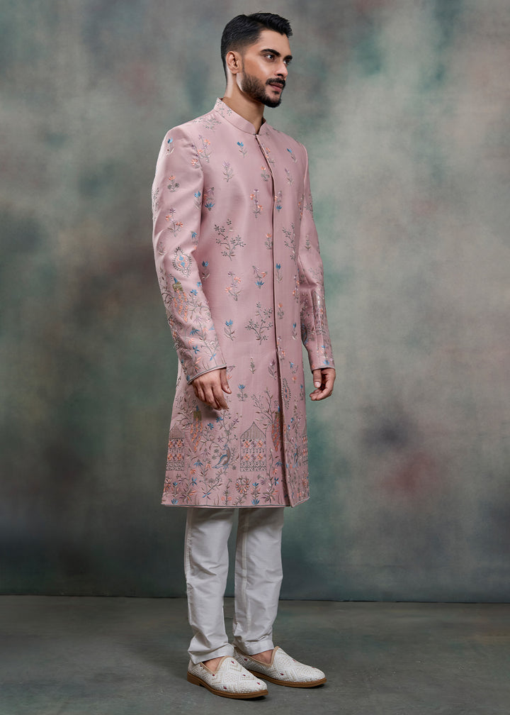 Pink Silk Floral Embroidered Indo-Western Suit with Trousers