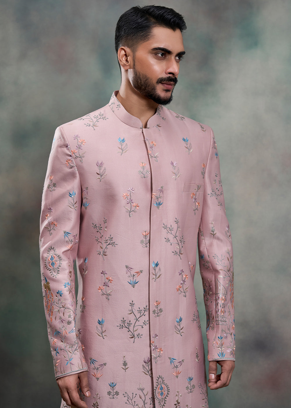 Pink Silk Floral Embroidered Indo-Western Suit with Trousers
