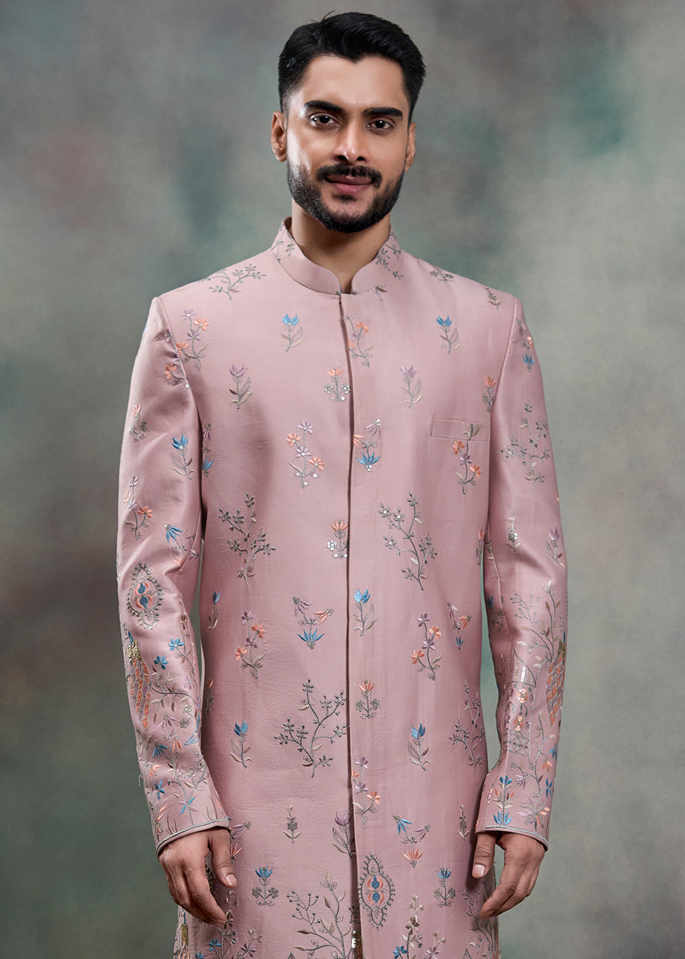 Pink Silk Floral Embroidered Indo-Western Suit with Trousers