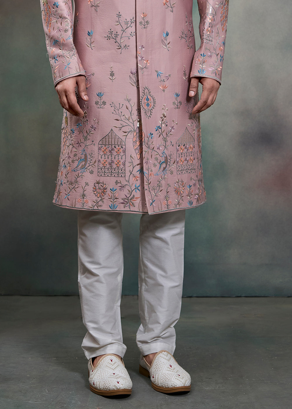 Pink Silk Floral Embroidered Indo-Western Suit with Trousers