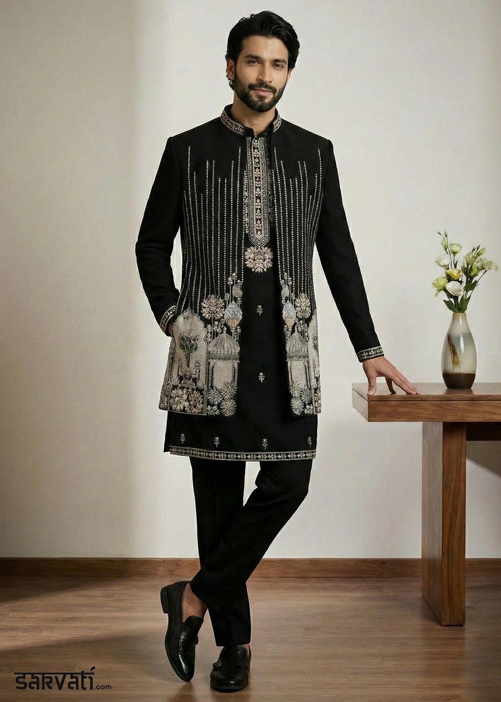 Black Embroidered Indo-Western Set with Long Jacket