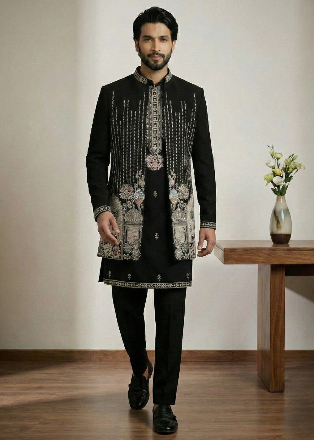 Black Embroidered Indo-Western Set with Long Jacket