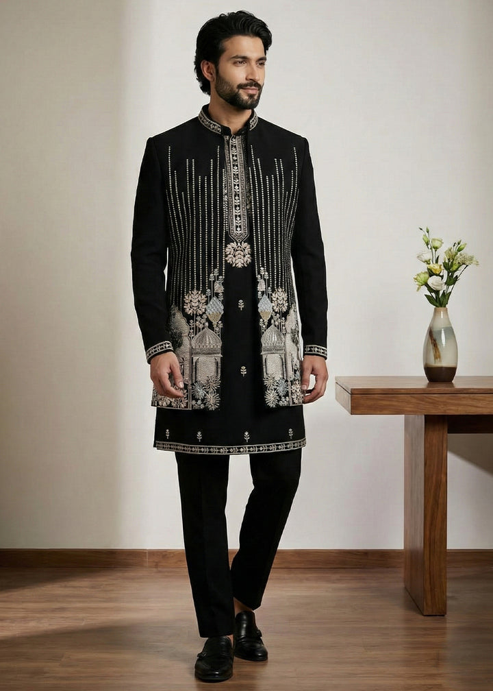 Black Embroidered Indo-Western Set with Long Jacket