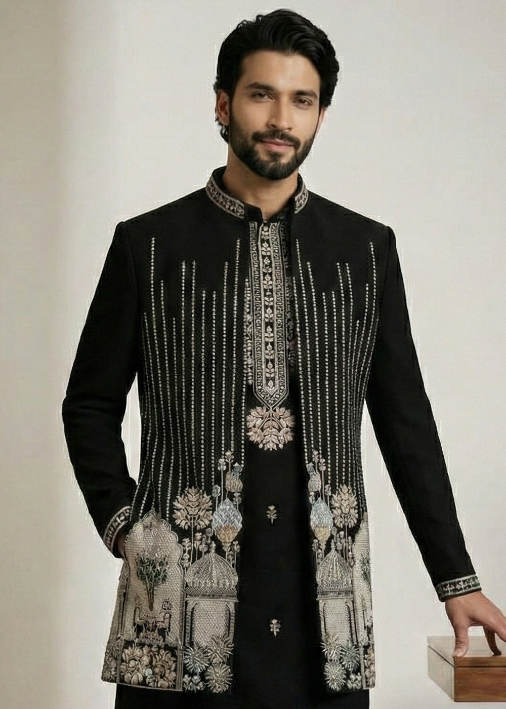 Black Embroidered Indo-Western Set with Long Jacket