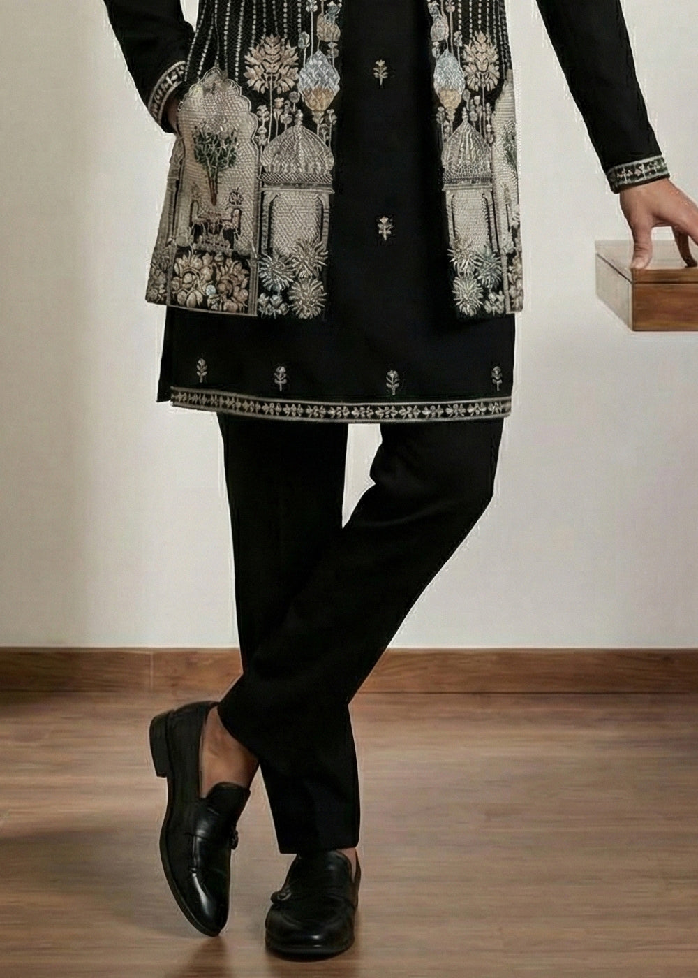 Black Embroidered Indo-Western Set with Long Jacket