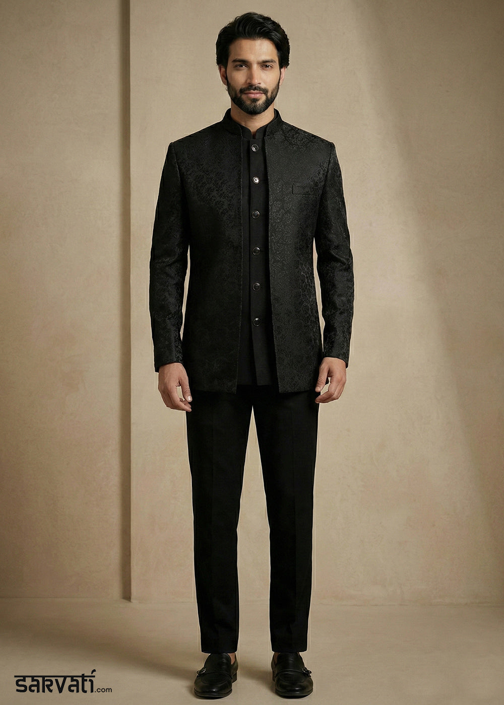 Black Jacquard Three-Piece Indo-Western Suit