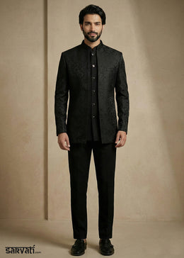Black Jacquard Three-Piece Indo-Western Suit