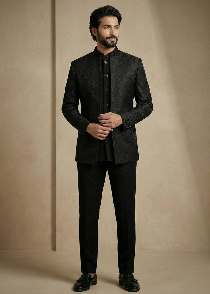 Black Jacquard Three-Piece Indo-Western Suit