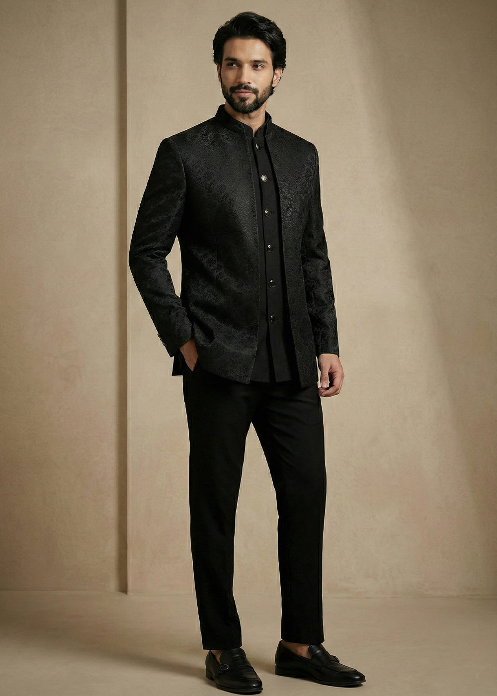 Black Jacquard Three-Piece Indo-Western Suit