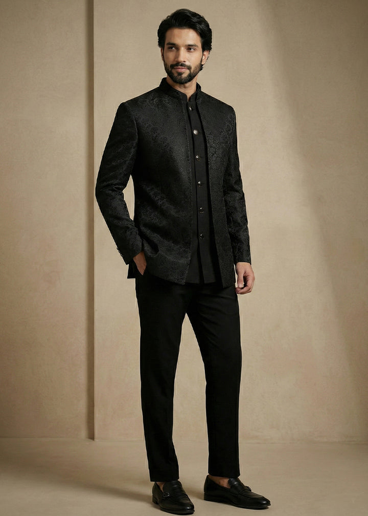 Black Jacquard Three-Piece Indo-Western Suit