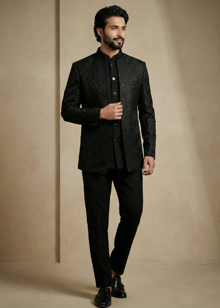 Black Jacquard Three-Piece Indo-Western Suit