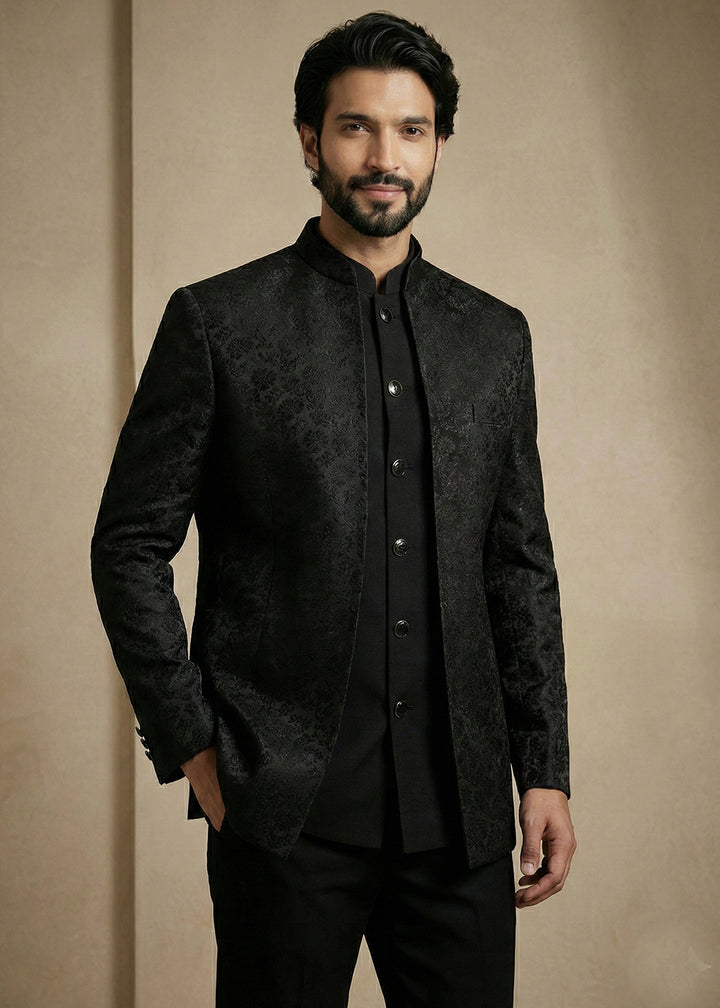 Black Jacquard Three-Piece Indo-Western Suit