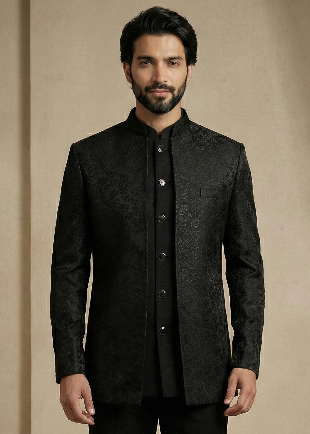 Black Jacquard Three-Piece Indo-Western Suit