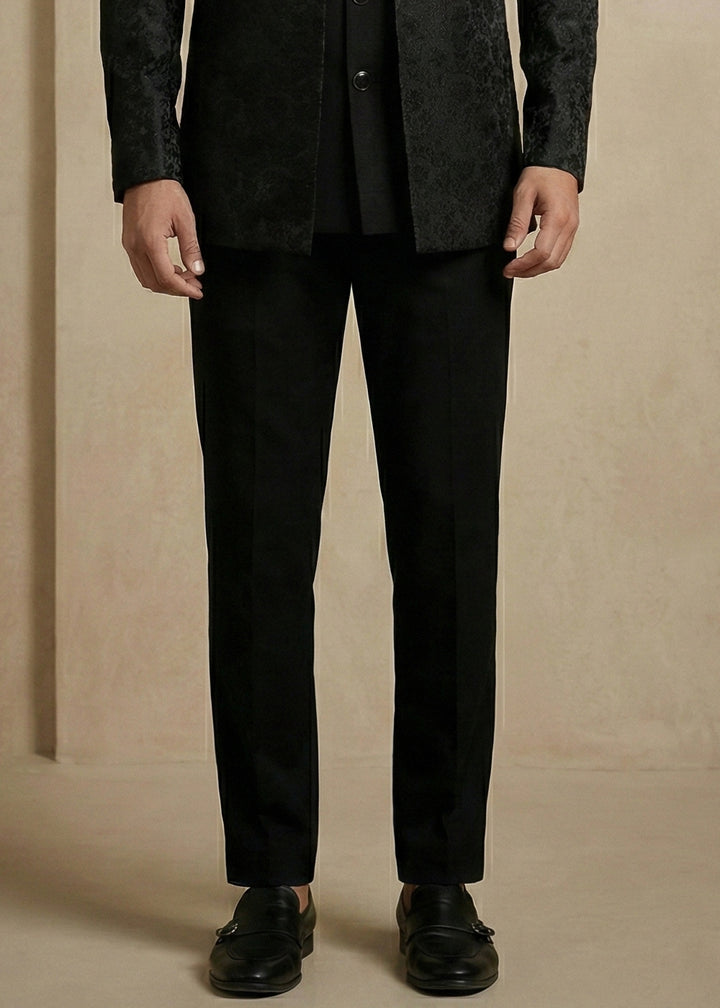 Black Jacquard Three-Piece Indo-Western Suit