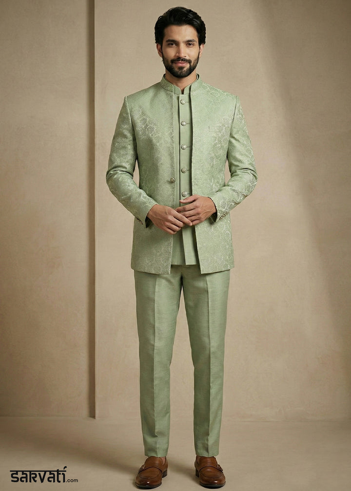 Olive Jacquard Three-Piece Indo-Western Suit