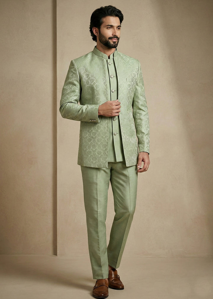 Olive Jacquard Three-Piece Indo-Western Suit