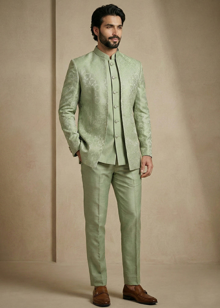 Olive Jacquard Three-Piece Indo-Western Suit
