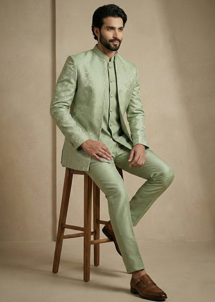 Olive Jacquard Three-Piece Indo-Western Suit