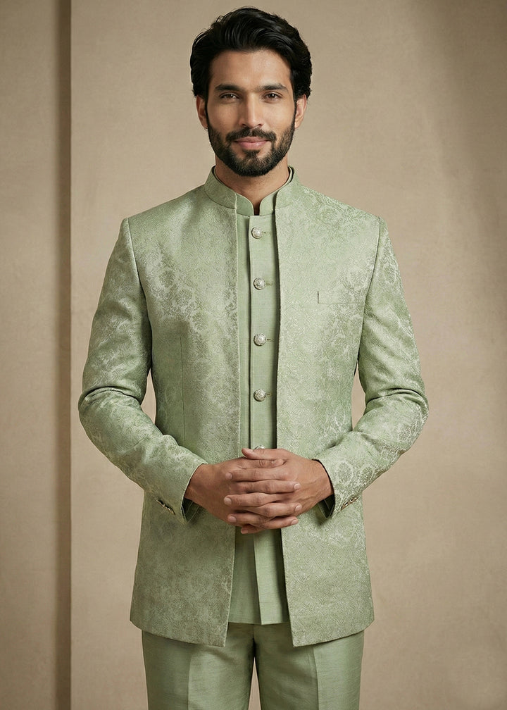 Olive Jacquard Three-Piece Indo-Western Suit