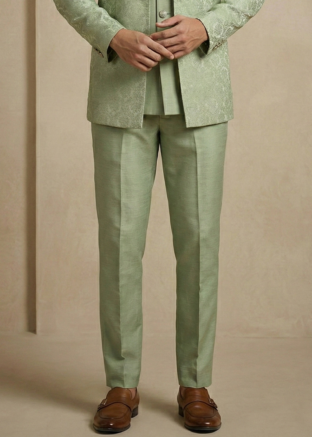 Olive Jacquard Three-Piece Indo-Western Suit