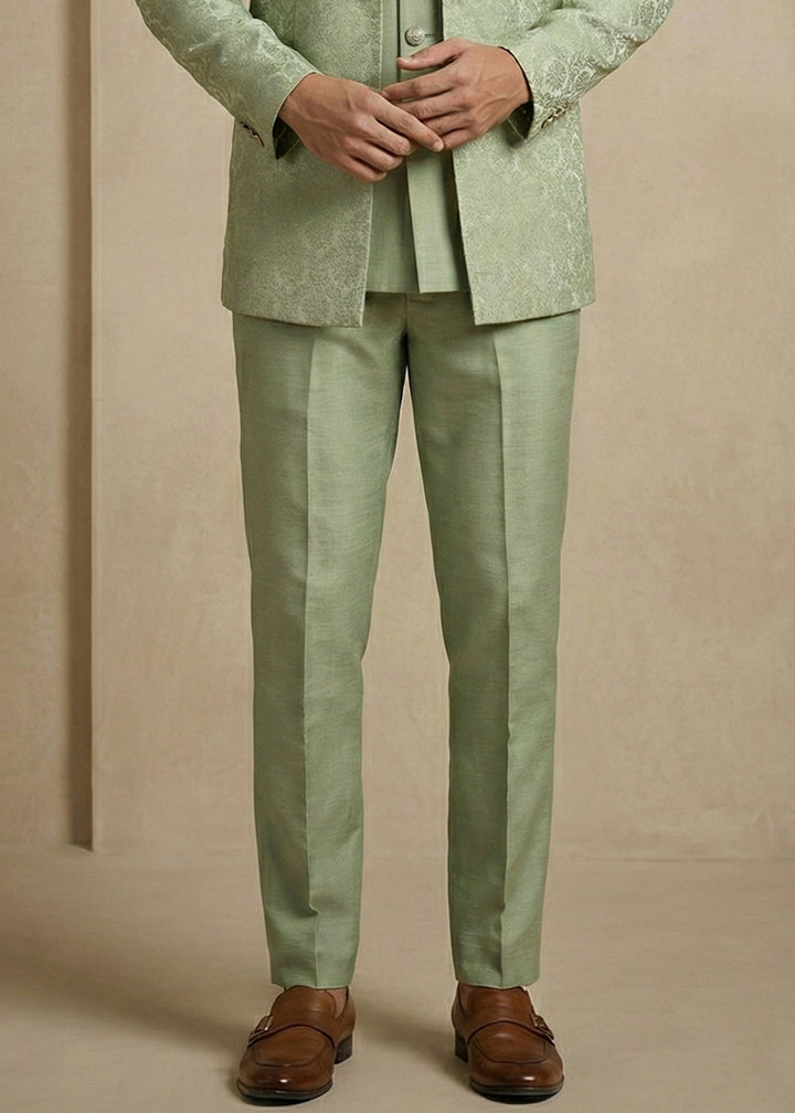 Olive Jacquard Three-Piece Indo-Western Suit