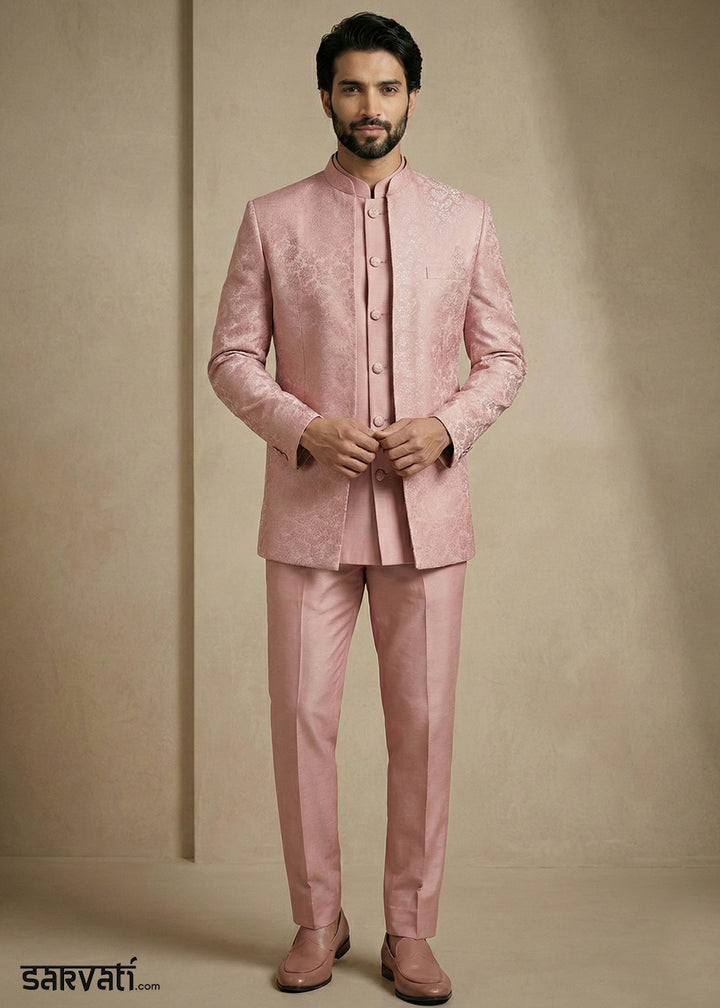 Light Pink Jacquard Three-Piece Indo-Western Suit