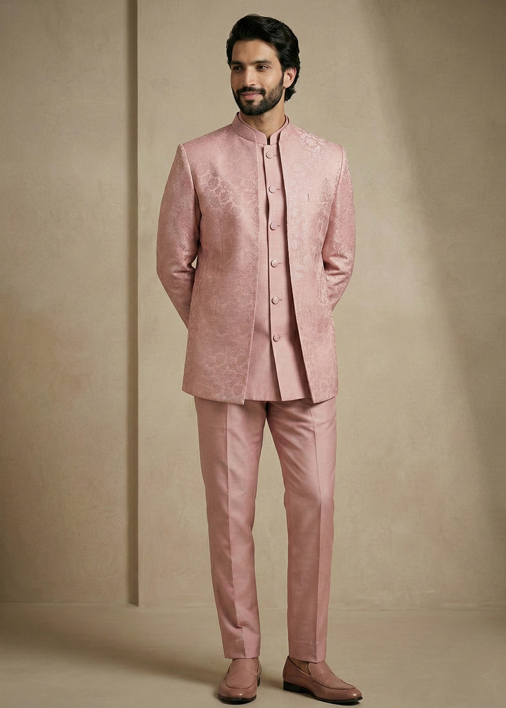 Light Pink Jacquard Three-Piece Indo-Western Suit
