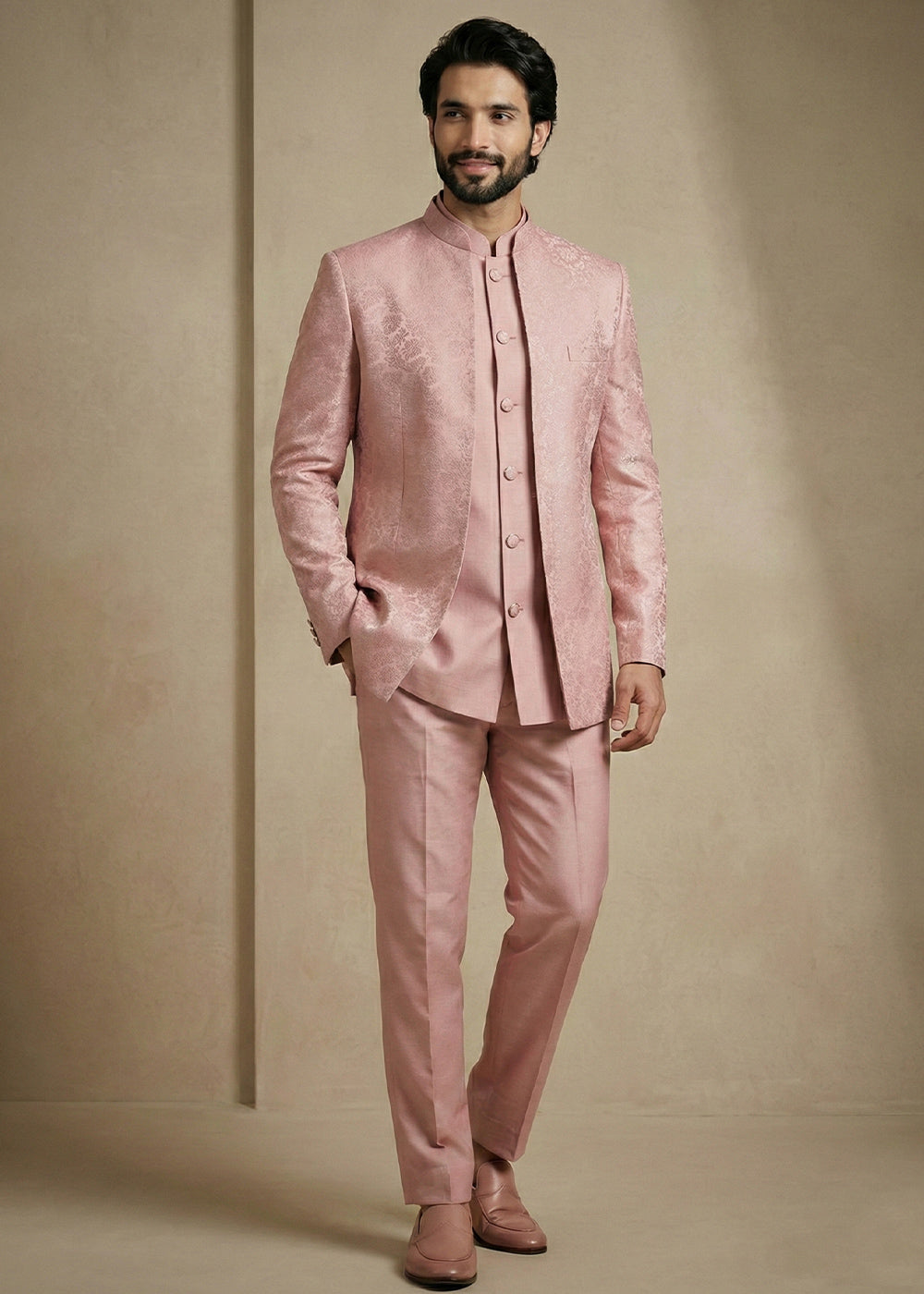 Light Pink Jacquard Three-Piece Indo-Western Suit