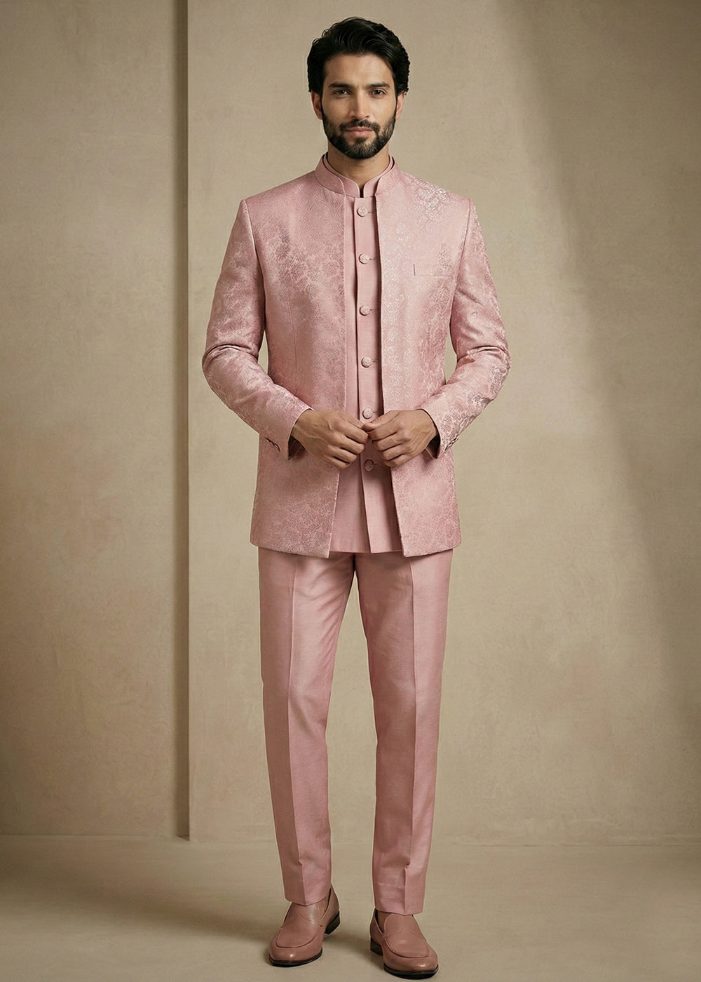 Light Pink Jacquard Three-Piece Indo-Western Suit