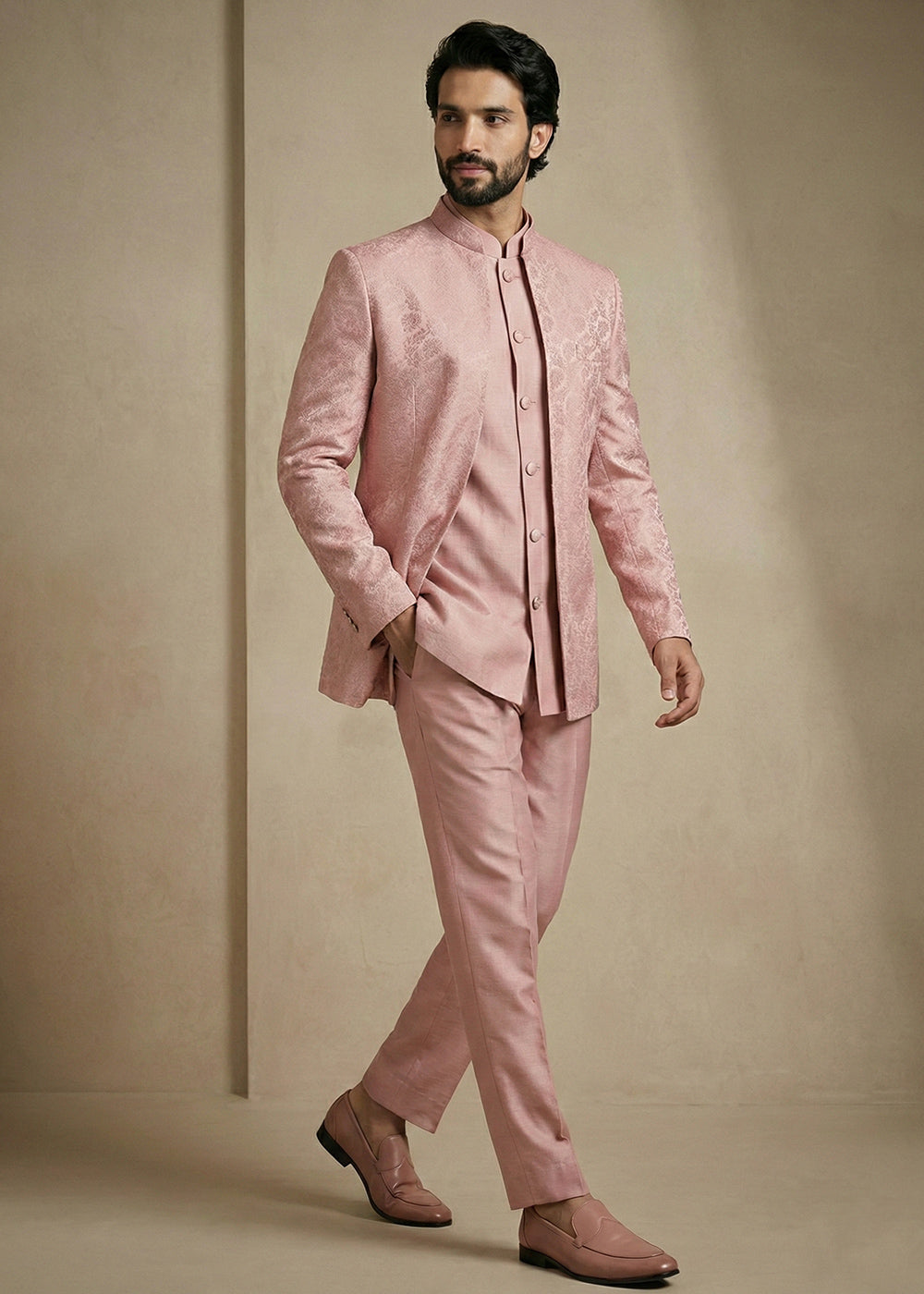 Light Pink Jacquard Three-Piece Indo-Western Suit