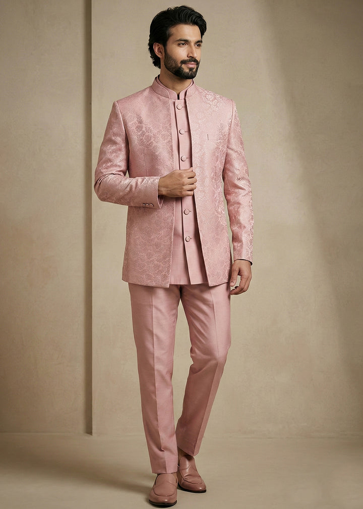 Light Pink Jacquard Three-Piece Indo-Western Suit