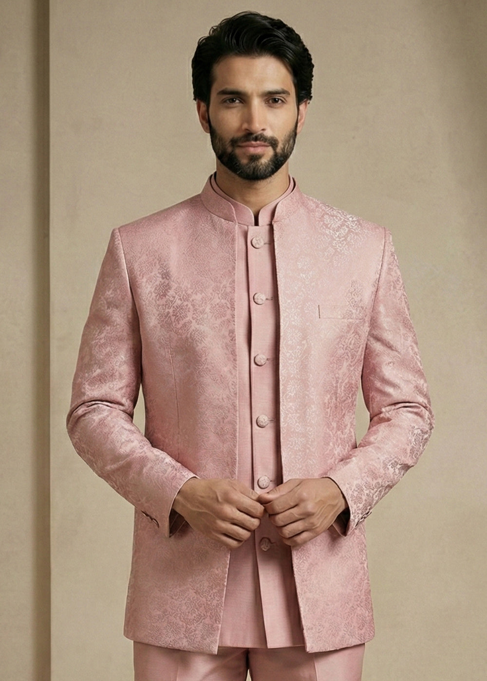 Light Pink Jacquard Three-Piece Indo-Western Suit