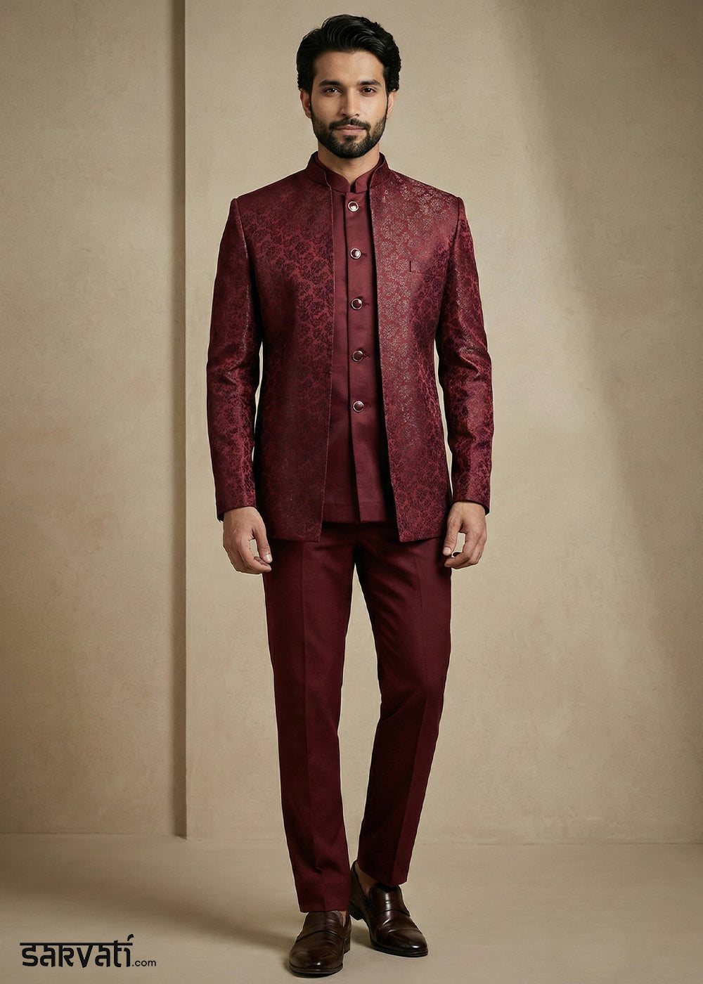 Dark Maroon Jacquard Three-Piece Indo-Western Suit