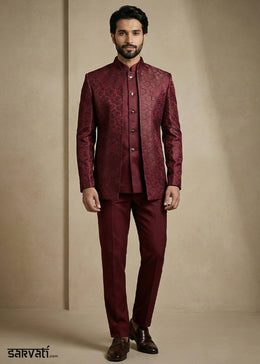 Dark Maroon Jacquard Three-Piece Indo-Western Suit